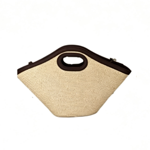 Customized Cut‑out handle <b>straw</b> tote <b>bag</b>, trapezoidal woven <b>straw</b> handbag, faux leather trim <b>straw</b> shopper - Product Image 2