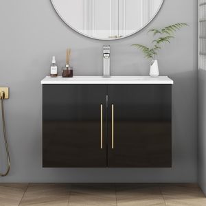 Meuble-lavabo mural noir brillant de 30 pouces avec doubles portes à fermeture douce, crochets et longues poignées métalliques dorées pour une installation facile - Product Image 2