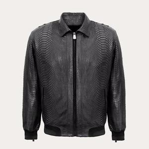 Blouson Bomber Homme Personnalisé en Cuir Véritable Noir Gaufré Effet Peau de Serpent Imperméable avec Fermeture Éclair – Style Décontracté Hiver Moto - Product Image 1