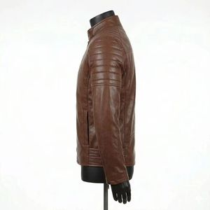 Blouson moto homme en cuir véritable marron, col rabattable, fermeture éclair, coupe ajustée, vêtement d'extérieur décontracté pour l'automne, manches classiques, tendance - Product Image 3