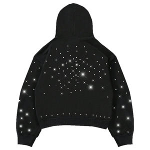 เสื้อฮู้ดซิปผู้ชายประดับเพชรเทียมสั่งทำได้ ขายส่ง ทรงโอเวอร์ไซส์ ตกแต่งด้วยเพชรเทียม ขายส่งเสื้อฮู้ด OEM ผู้ผลิตเสื้อผ้าสตรีทแวร์ - Product Image 3