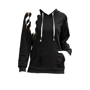 Sweat-shirt à capuche noir en molleton de coton et bambou pour femme, effet vieilli, avec cordons blancs, manches longues, poche, personnalisable, couleur ivoire - Product Image 2