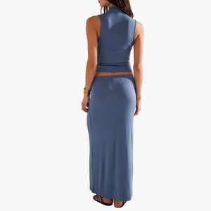 Wholesale Women Long <b>Skirts</b> Summer 2026 Drawstring High Waisted Satin Maxi <b>Skirt</b> With Mock Neck Crop Top 2Pcs Sets For Women - Product Image 2