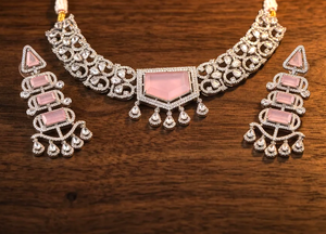 Ensemble collier et boucles d'oreilles en pierre rose de luxe, plaqué or, zircone cubique, bijoux de mariage pour femmes - Product Image 5