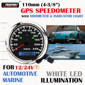 Velocímetro GPS Eléctrico de 110 mm (4-3/3 pulgadas), 220 km/h, Odómetro, 12/24 V, Carátula Negra, LED Blanco, IP67, Automotriz, Marino - Product Image 2