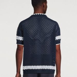 Navy Blue White Dot Pattern Men's Knitted <b>Cardigan</b> <b>Short</b> <b>Sleeve</b> Button Closure Summer Breathable Sweater - Product Image 6