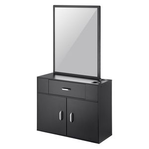 Organizador de Pared para Salón de Belleza con 3 Soportes, Espejo y Almacenamiento de Doble Puerta, Cajón Individual, Negro, para Peluqueros - Product Image 1