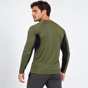 Camiseta Deportiva de Manga Larga para Hombre, Color Verde Oliva, de Secado Rápido, Corte Ajustado, Cuello Redondo, Estilo Deportivo, Logotipo Personalizado Impreso en la Parte Delantera - Product Image 3