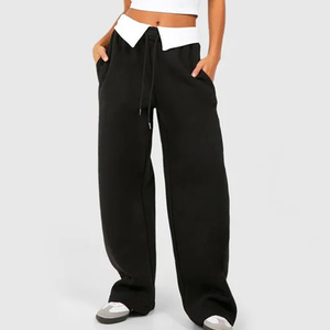 Premium Custom Black Women's Petite Contrast Folded Wide Leg Joggers Terry Fleece Soft Touch Sweatpants Women's Pants & <b>Trouser</b> - Product Image 1