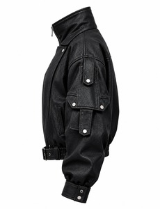 Black PU <b>Leather</b> Motorcycle <b>Jacket</b> Moto Biker Outerwear Zipper Collar <b>Long</b> Sleeve Casual Autumn Winter - Product Image 3