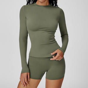 Women Red <b>Long</b> <b>Sleeve</b> <b>Crop</b> Top Solid Color Crew Neck Slim Fit Sporty Knitted Spandex Polyester Quick Dry Full <b>Sleeve</b> Short Short - Product Image 3