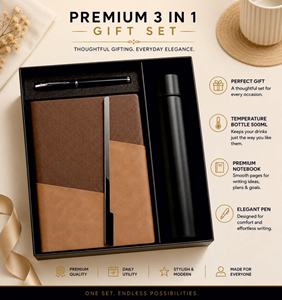 Coffret Cadeau 3-en-1 Personnalisé Haut de Gamme : Carnet en Cuir PU, Stylo Métallique et Bouteille Thermos pour Promotion, Bureau et Fêtes - Product Image 1