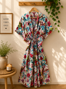 Wholesale 100% Cotton Maxi <b>Kaftan</b> Dress Women | V-neck Batwing Sleeves | Printed Boho <b>Beach</b> Cover | Resort Wear | OEM ODM - Product Image 1
