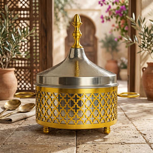 Calentador de Comida Tipo Buffet de Acero Inoxidable de Lujo con Base de Encaje Geométrico Dorado y Diseño Martillado Plateado, Unidad Individual - Product Image 5