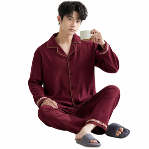 Men's Blue Long Sleeve Soft 100% Cotton <b>Pajama</b> Set Solid Color Button Front Casual Sleepwear Summer Season Wear Custom Logo High - Product Image 3