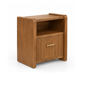 Solid Teak Wood Round Nightstand with 2 Drawers Modern Apartment <b>Bedroom</b> <b>Side</b> <b>Table</b> Brass Handle Furniture - Product Image 1