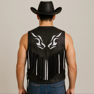 Chaleco de Cuero Genuino para Hombre, Estilo Motero con Flecos, Cuello en V, Cierre de Botón, Prenda Exterior para Otoño - Product Image 6