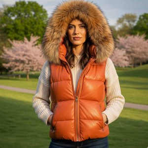 Chaleco Acolchado de Cuero Genuino para Mujer con Capucha y Cierre Frontal, Ropa Exterior Cortavientos y Transpirable - Product Image 4