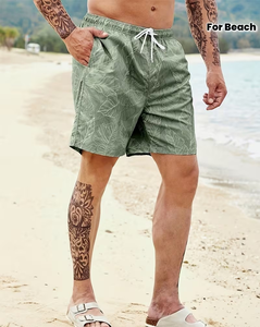 Men's Green Tropical Print Quick Dry Board Shorts With Pockets Drawstring Waist Casual Beach Swimwear - Product Image 6