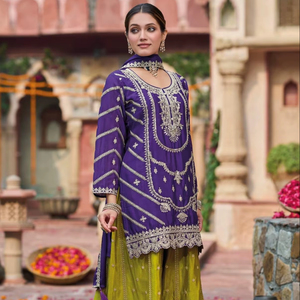 Traje Plazzo Premium Bordado en Chinon para Mujer (Talla Única) - Estilo Moderno para Bodas y Diwali - Product Image 1