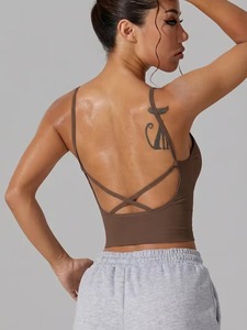 Women's Ribbed Seamless Gym Crop Top | <b>Thin</b> Criss Cross <b>Strap</b> Sports <b>Bra</b> | Sweat Wicking Longline Padded Fitness Brassiere - Product Image 2