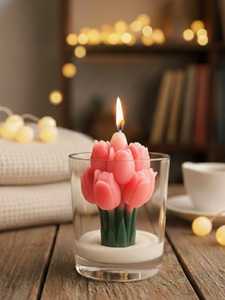 Handmade Tulip Flower Shape Soy Wax Art <b>Candle</b> in Glass Jar Dripless Floral Scent Home Decoration Elegant Style - Product Image 3