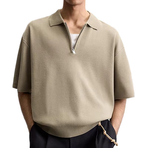 เสื้อโปโลผู้ชายแขนสั้นสีเบจแบบถักมีซิปเสื้อลำลองสีพื้น - Product Image 1