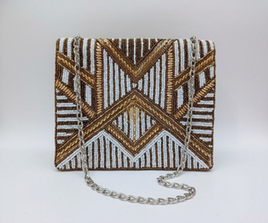 Floral Beaded Clutch Bag <b>Cream</b> Embroidered with Red Yellow Striped Design Evening <b>Handbag</b> Boutique Fashion Wholesale - Product Image 4