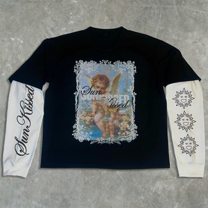 Sun Kissed Long Sleeve Men's T-Shirt Black <b>White</b> Contrast Cotton Jersey Casual O-Neck Front Logo Anti-Wrinkle 300g - Product Image 2