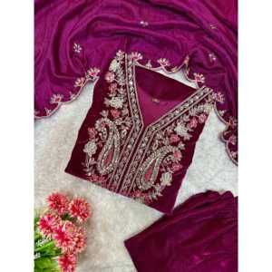 Beau costume de partie des femmes ensemble avec le bas supérieur brodé et le Dupatta - Product Image 5