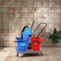Chariot de nettoyage de sol en plastique à double compartiment, écologique, avec essoreuse et roues, pour usage commercial en intérieur