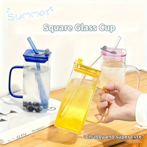 Tasses carrées en verre borosilicate coloré avec couvercle et <span class=keywords><strong>pailles</strong></span>, verres à boire, gobelets pour boissons mélangées - Product Image 2