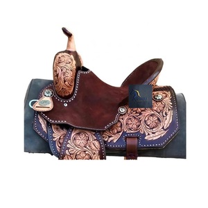 Silla de montar western de cuero marrón con diseño floral tallado a mano, asiento rígido, conchos florales y juego de arreos, de 10 a 18 pulgadas - Product Image 3