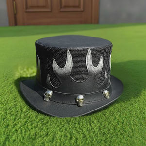 Sombrero de copa unisex de cuero negro hecho a mano de primera calidad con diseño de llamas y estilo gótico de calavera - Product Image 1