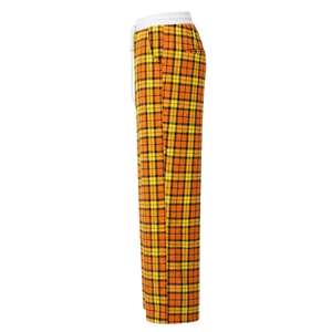 Pantalon de détente large jaune et noir à carreaux pour femme, avec taille élastique blanche, cordon de serrage et poches latérales, idéal pour la tenue décontractée ou comme bas de pyjama. - Product Image 3