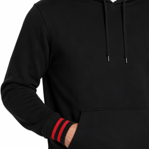Sudadera con capucha negra para hombre de alta calidad OEM con puños acanalados con franja roja, sudadera de algodón para hombre, estilo informal. - Product Image 3