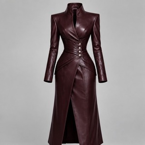 Abrigo Largo de Cuero Marrón para Mujer, Estilo Gabardina, Doble Botonadura, con Cinturón - Product Image 1