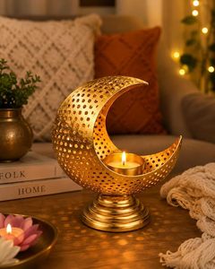 Portavelas de Luna Creciente Chapado en Oro, Decoración Bohemia para el Hogar, para Ramadán, Eid, Diwali, Decoración de Mesa - Product Image 3