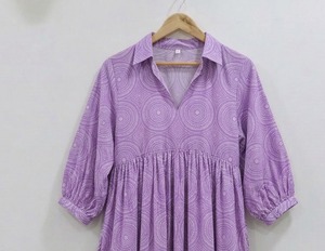 Robe midi pour femme, col en V, manches bouffantes, imprimé floral, coupe trapèze, 100% coton, respirante, écologique, idéale pour le bureau - Product Image 6