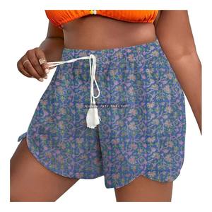 Shorts d'été pour femme en coton imprimé Sanganeri avec cordon de serrage à la taille, style loungewear, imprimé bloc en coton - Product Image 2