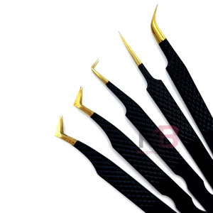 Anti-static High Precision Gold-Plated Eyelash Tweezers <b>Set</b> Black Handle Smooth Tip Curved Straight Lash Extension Tools - Product Image 2