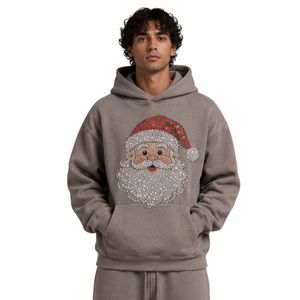 Sweat à capuche gris Père Noël avec strass pour homme, pull molletonné oversize, logo de Noël personnalisé, streetwear, sweat à capuche épais - Product Image 1