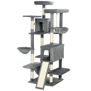 Albero per gatti grigio scuro da 175 cm con 8 posti per grattare, torre multilivello con 2 cucce e 3 amache per più gatti - Product Image 1