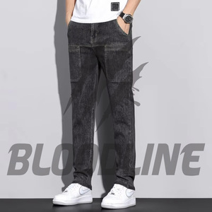 Jeans Casuales de Mezclilla Negros de Pierna Recta para Hombre, Jeans de Algodón de Cintura Media, Estilo Otoñal, Jeans de Mezclilla Bloodline para Hombre, Calidad Premium - Product Image 1