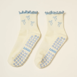 Women Ankle Grip <b>Socks</b> With Ruffles Bows Pattern Anti-Slip Grippy Bottom Cotton Knitted Floor <b>Socks</b> Custom Logo for Pilates Use - Product Image 1