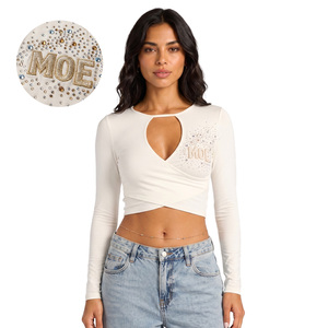 New Trendy <b>Rhinestone</b> Motif women's shirt Front Cut-Out White Long Sleeve Crop <b>Top</b> Back Criss-Cross Customized Cotton Blouse DTG - Product Image 2