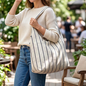 Bolso Tote de Hombro de Algodón Azul Tejido a Mano con Rayas, Ligero, Ecológico, para Mujer, Casual, para Compras, Mercado, Viajes - Product Image 5