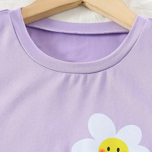 Conjunto de Verano de 2 Piezas para Bebés Niñas, Camiseta Morada y Pantalones Cortos de Algodón, Estampado Floral, Cuello Redondo, Manga Corta, Transpirable - Product Image 2
