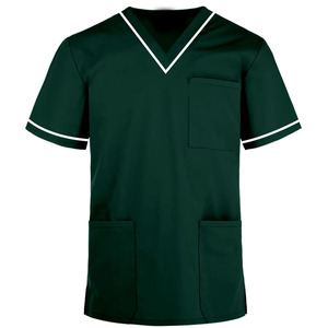 Blouse de travail vert foncé à col en V et manches courtes avec bordure contrastante pour infirmière hospitalière - Product Image 1