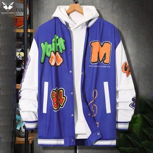 Veste de baseball pour homme en chenille patchwork personnalisée, veste bomber bleu uni avec manches en cuir crème, streetwear - Product Image 3